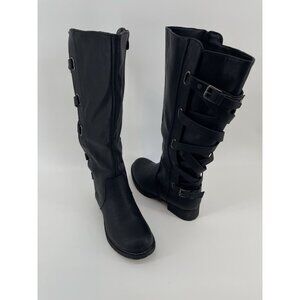 GLOBAL WIN Women's Size 6.5 Black Knee High Boots Goth Grunge Moto Biker Faux